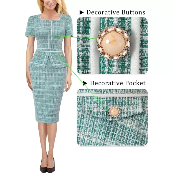 VFSHOW Womens Square Neck Buttons Peplum Work Business Bodycon Pencil DressTeal Green Tweed