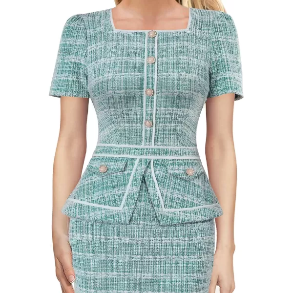 VFSHOW Womens Square Neck Buttons Peplum Work Business Bodycon Pencil DressTeal Green Tweed