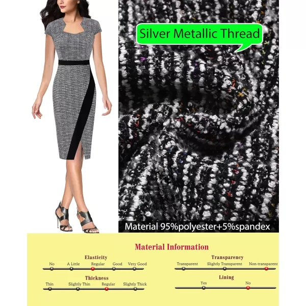 VFSHOW Womens Square Neck Patchwork Front Slit 2023 Work Business Office Bodycon Pencil DressBlack Tweed2