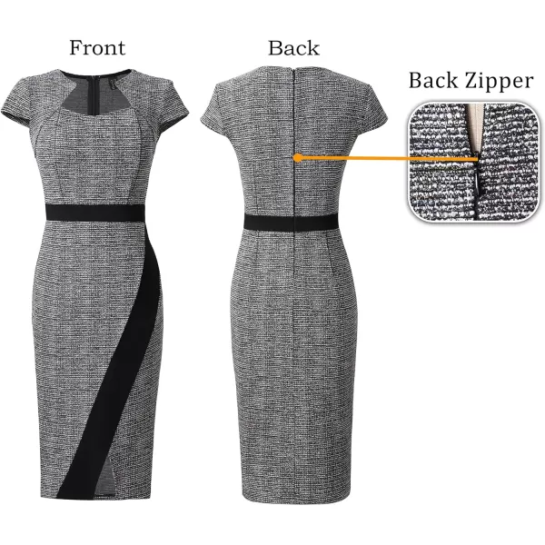 VFSHOW Womens Square Neck Patchwork Front Slit 2023 Work Business Office Bodycon Pencil DressBlack Tweed2