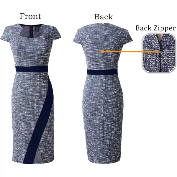 VFSHOW Womens Square Neck Patchwork Front Slit 2023 Work Business Office Bodycon Pencil DressBlue Tweed2