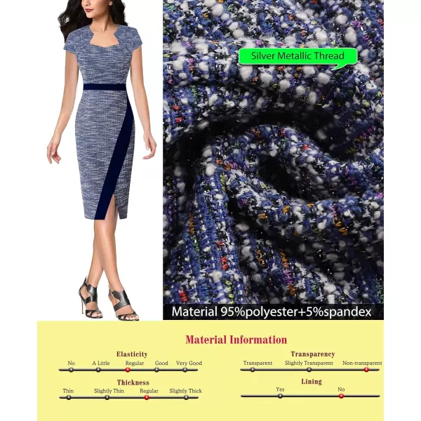 VFSHOW Womens Square Neck Patchwork Front Slit 2023 Work Business Office Bodycon Pencil DressBlue Tweed2