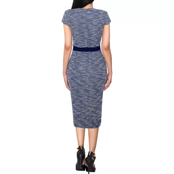 VFSHOW Womens Square Neck Patchwork Front Slit 2023 Work Business Office Bodycon Pencil DressBlue Tweed2