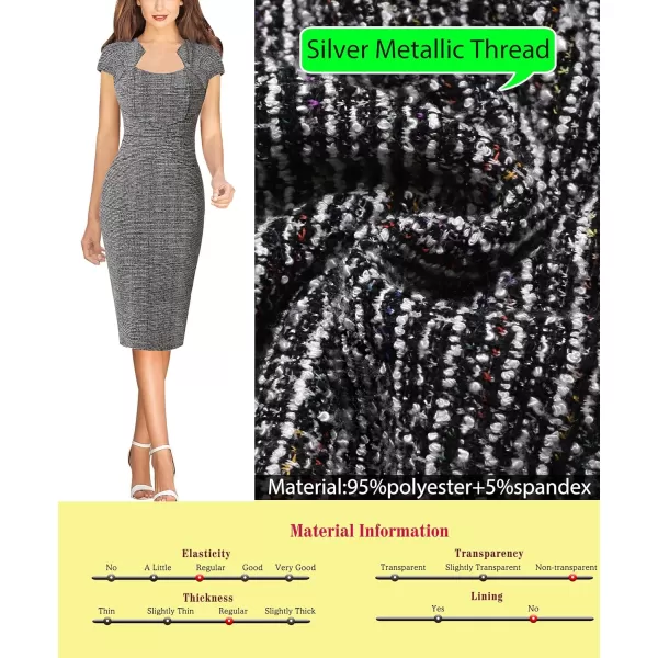 VFSHOW Womens Square Neck Tweed Work Office Business Party Slim Bodycon Pencil Sheath DressBlack Tweedcap Sleeve