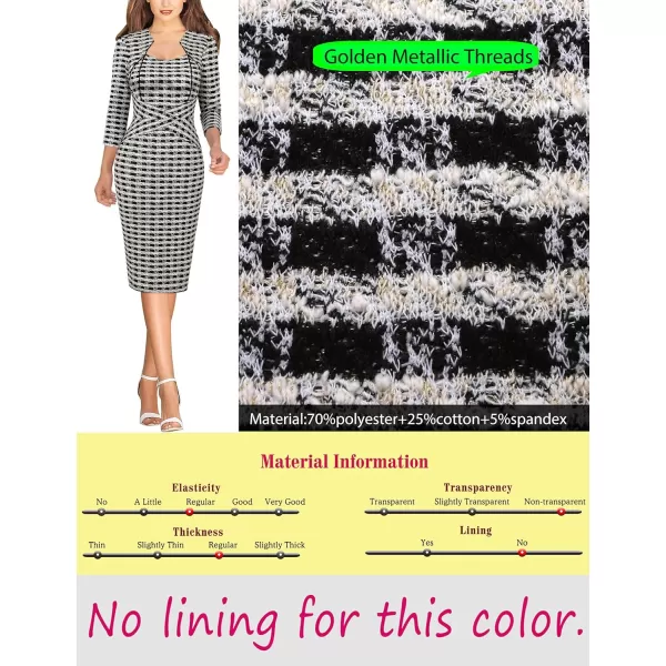 VFSHOW Womens Square Neck Tweed Work Office Business Party Slim Bodycon Pencil Sheath DressBlack White Plaid Tweed34 Sleeves