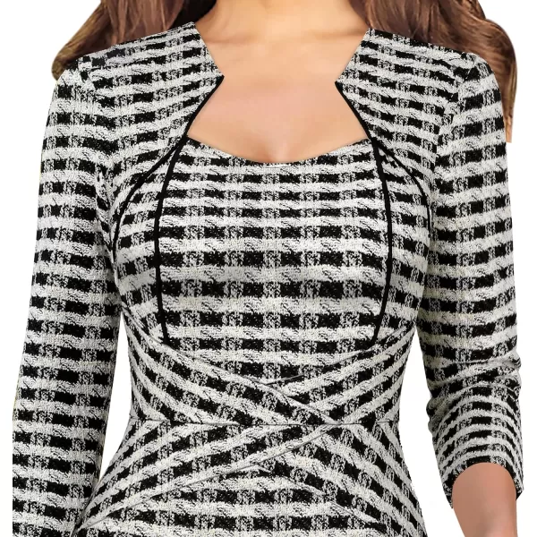 VFSHOW Womens Square Neck Tweed Work Office Business Party Slim Bodycon Pencil Sheath DressBlack White Plaid Tweed34 Sleeves