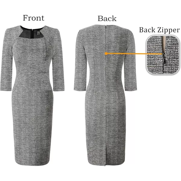 VFSHOW Womens Square Neck Tweed Work Office Business Party Slim Bodycon Pencil Sheath DressBlack White Tweed34 Sleeves