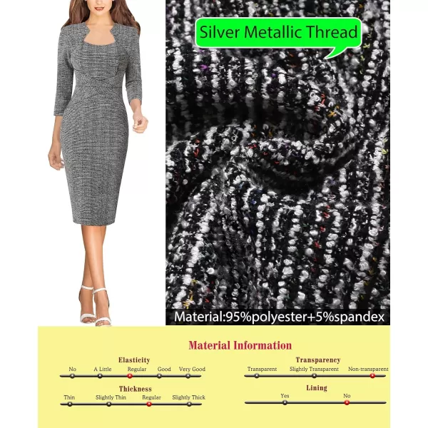 VFSHOW Womens Square Neck Tweed Work Office Business Party Slim Bodycon Pencil Sheath DressBlack White Tweed34 Sleeves