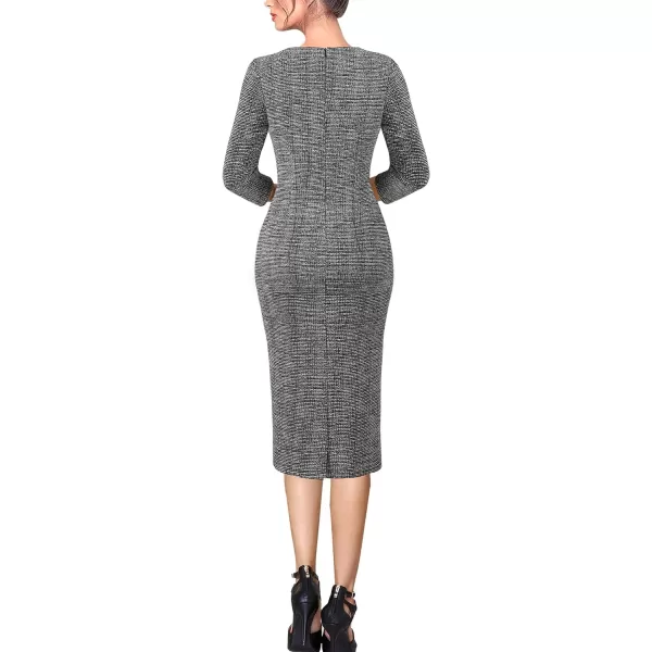 VFSHOW Womens Square Neck Tweed Work Office Business Party Slim Bodycon Pencil Sheath DressBlack White Tweed34 Sleeves