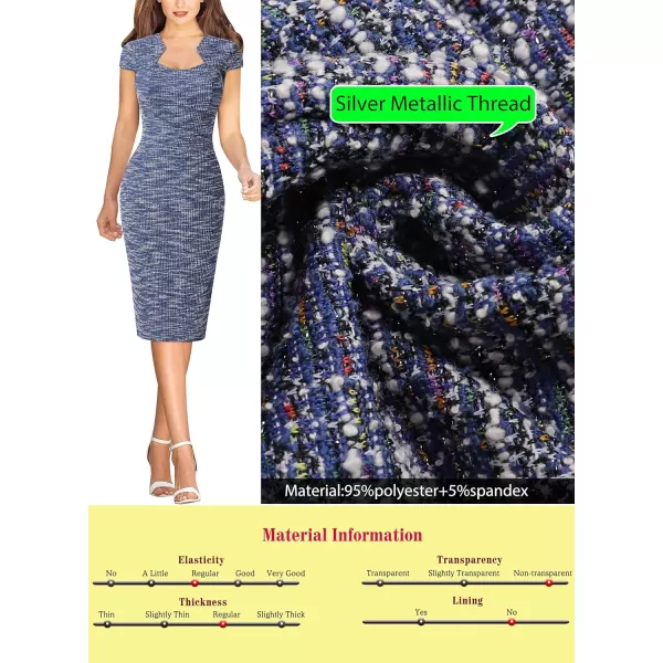 VFSHOW Womens Square Neck Tweed Work Office Business Party Slim Bodycon Pencil Sheath DressBlue Tweed Cap Sleeve