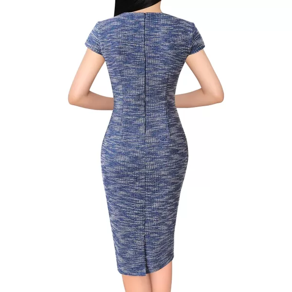 VFSHOW Womens Square Neck Tweed Work Office Business Party Slim Bodycon Pencil Sheath DressBlue Tweed Cap Sleeve