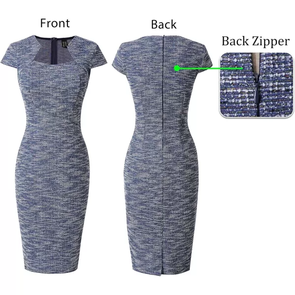 VFSHOW Womens Square Neck Tweed Work Office Business Party Slim Bodycon Pencil Sheath DressBlue Tweed Cap Sleeve