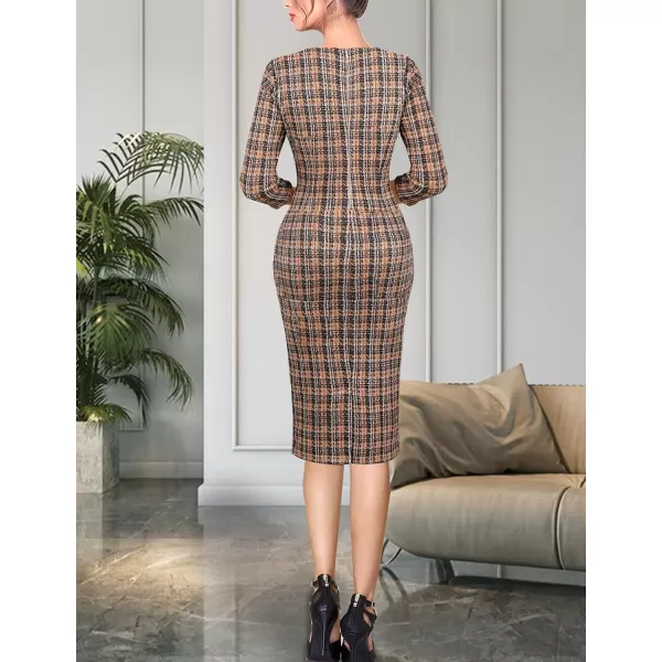 VFSHOW Womens Square Neck Tweed Work Office Business Party Slim Bodycon Pencil Sheath DressMulticolored Tweed34 Sleeves