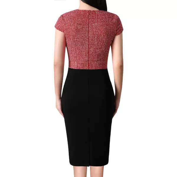 VFSHOW Womens Square Neck Tweed Work Office Business Party Slim Bodycon Pencil Sheath DressRed Tweed  Black 4