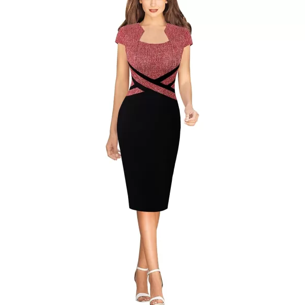 VFSHOW Womens Square Neck Tweed Work Office Business Party Slim Bodycon Pencil Sheath DressRed Tweed  Black 4