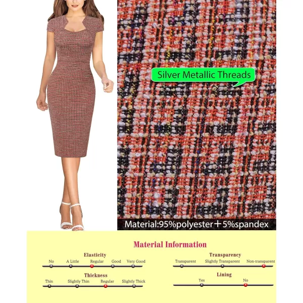 VFSHOW Womens Square Neck Tweed Work Office Business Party Slim Bodycon Pencil Sheath DressRed Tweed