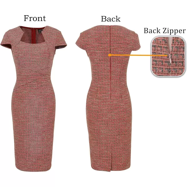 VFSHOW Womens Square Neck Tweed Work Office Business Party Slim Bodycon Pencil Sheath DressRed Tweed