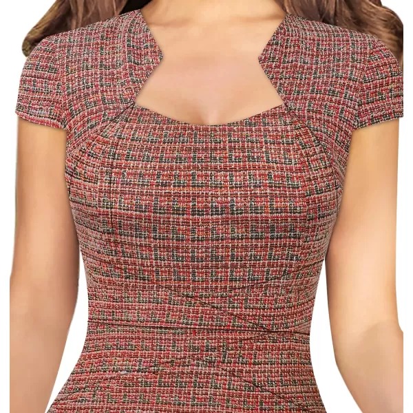 VFSHOW Womens Square Neck Tweed Work Office Business Party Slim Bodycon Pencil Sheath DressRed Tweed