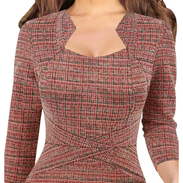 VFSHOW Womens Square Neck Tweed Work Office Business Party Slim Bodycon Pencil Sheath DressRed Tweed34 Sleeves