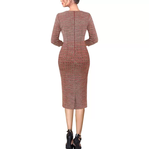 VFSHOW Womens Square Neck Tweed Work Office Business Party Slim Bodycon Pencil Sheath DressRed Tweed34 Sleeves