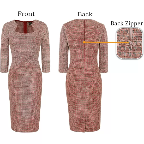 VFSHOW Womens Square Neck Tweed Work Office Business Party Slim Bodycon Pencil Sheath DressRed Tweed34 Sleeves