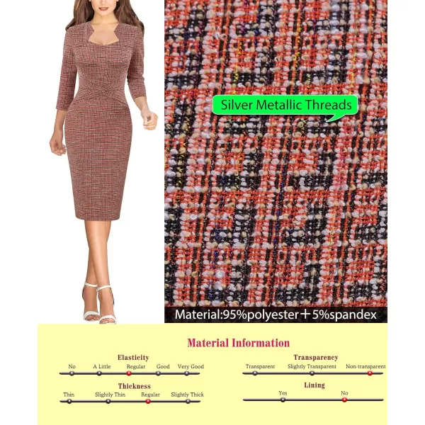 VFSHOW Womens Square Neck Tweed Work Office Business Party Slim Bodycon Pencil Sheath DressRed Tweed34 Sleeves