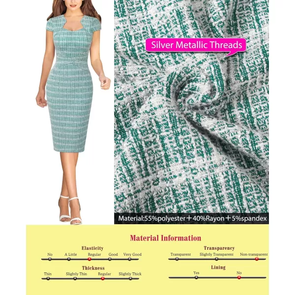 VFSHOW Womens Square Neck Tweed Work Office Business Party Slim Bodycon Pencil Sheath DressTeal Green Tweed