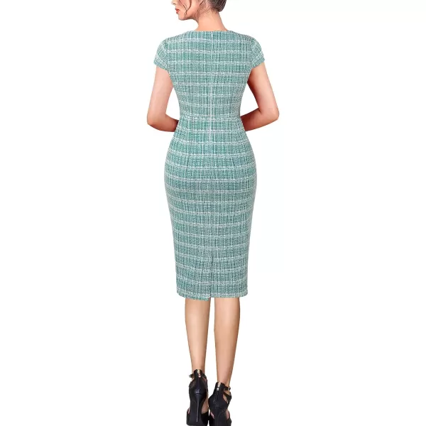 VFSHOW Womens Square Neck Tweed Work Office Business Party Slim Bodycon Pencil Sheath DressTeal Green Tweed