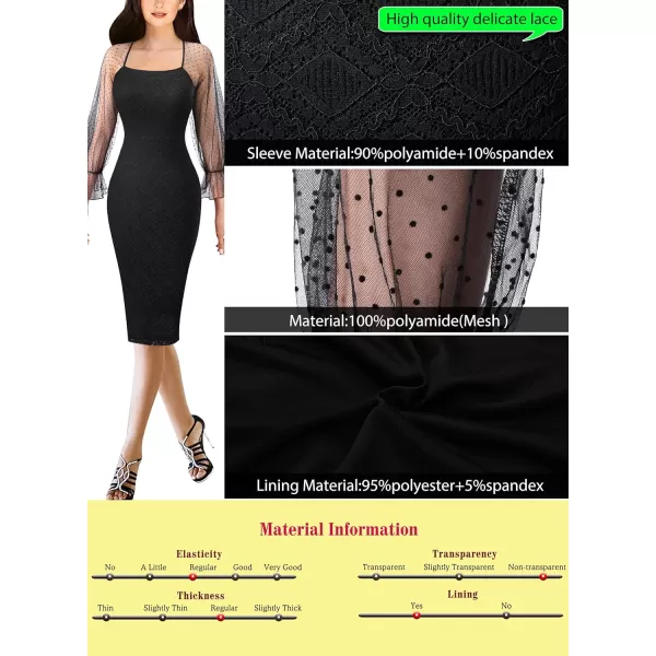 VFSHOW Womens Square Neck Work Business Cocktail Party Bodycon Sheath DressBlack Lace With Polka Sleeve