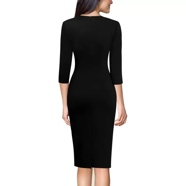 VFSHOW Womens Square Neck Work Business Cocktail Party Bodycon Sheath DressBlack Three Quarter Sleeve