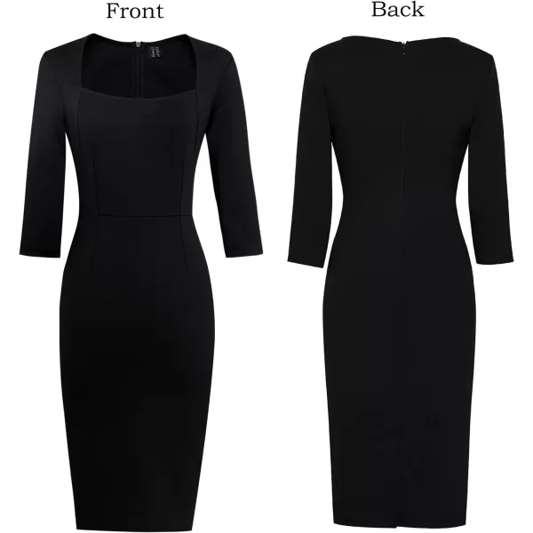 VFSHOW Womens Square Neck Work Business Cocktail Party Bodycon Sheath DressBlack Three Quarter Sleeve