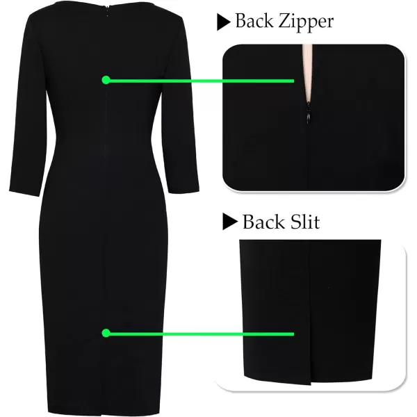 VFSHOW Womens Square Neck Work Business Cocktail Party Bodycon Sheath DressBlack Three Quarter Sleeve