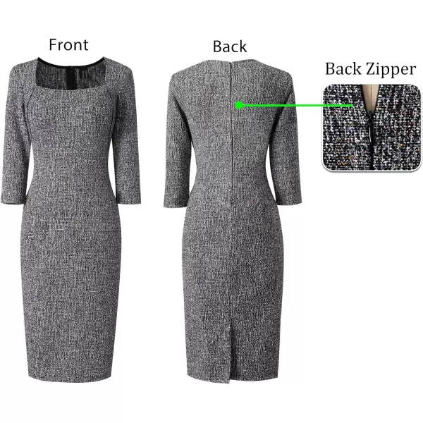 VFSHOW Womens Square Neck Work Business Cocktail Party Bodycon Sheath DressBlack Tweed