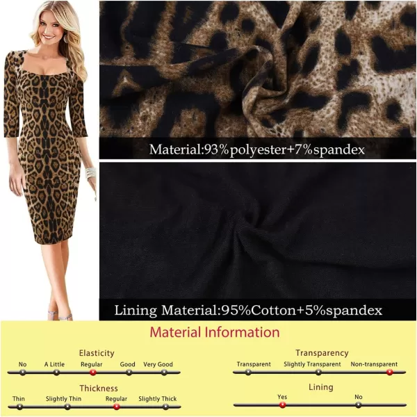 VFSHOW Womens Square Neck Work Business Cocktail Party Bodycon Sheath DressBrown Leopard Print