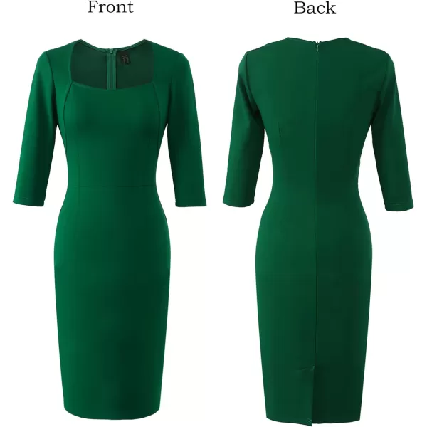 VFSHOW Womens Square Neck Work Business Cocktail Party Bodycon Sheath DressGreen Three Quarter Sleeve