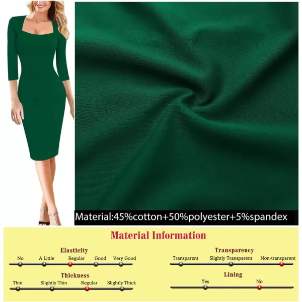 VFSHOW Womens Square Neck Work Business Cocktail Party Bodycon Sheath DressGreen Three Quarter Sleeve