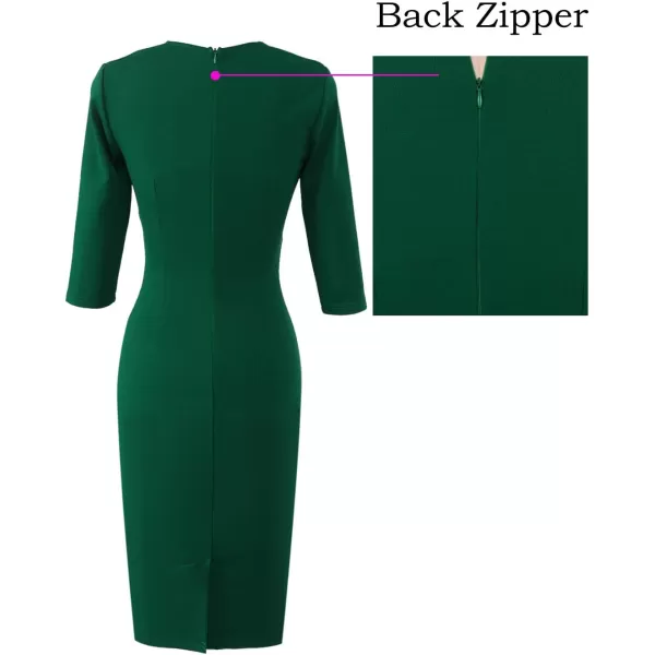 VFSHOW Womens Square Neck Work Business Cocktail Party Bodycon Sheath DressGreen Three Quarter Sleeve