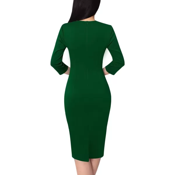 VFSHOW Womens Square Neck Work Business Cocktail Party Bodycon Sheath DressGreen Three Quarter Sleeve