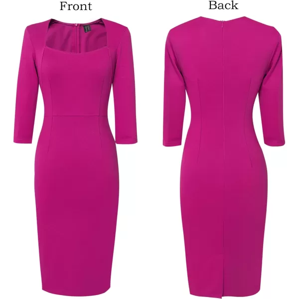 VFSHOW Womens Square Neck Work Business Cocktail Party Bodycon Sheath DressHot Pink