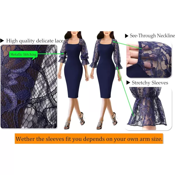 VFSHOW Womens Square Neck Work Business Cocktail Party Bodycon Sheath DressNavy Blue With Lace Sleeve