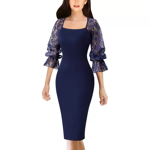 VFSHOW Womens Square Neck Work Business Cocktail Party Bodycon Sheath DressNavy Blue With Lace Sleeve