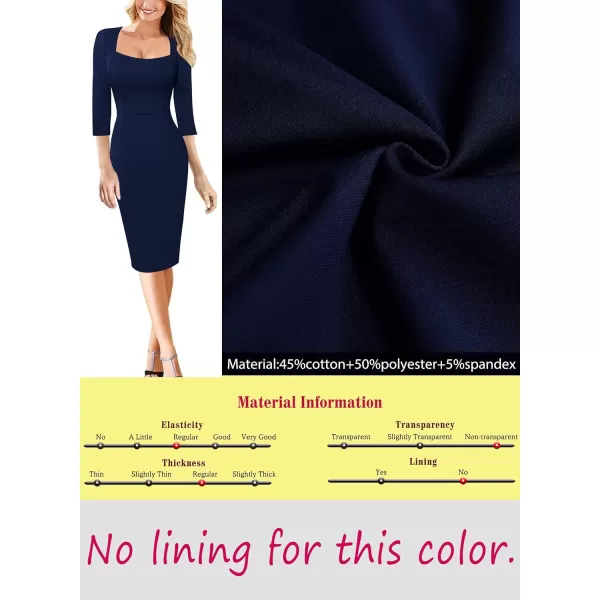 VFSHOW Womens Square Neck Work Business Cocktail Party Bodycon Sheath DressNavy Blue34 Sleeves