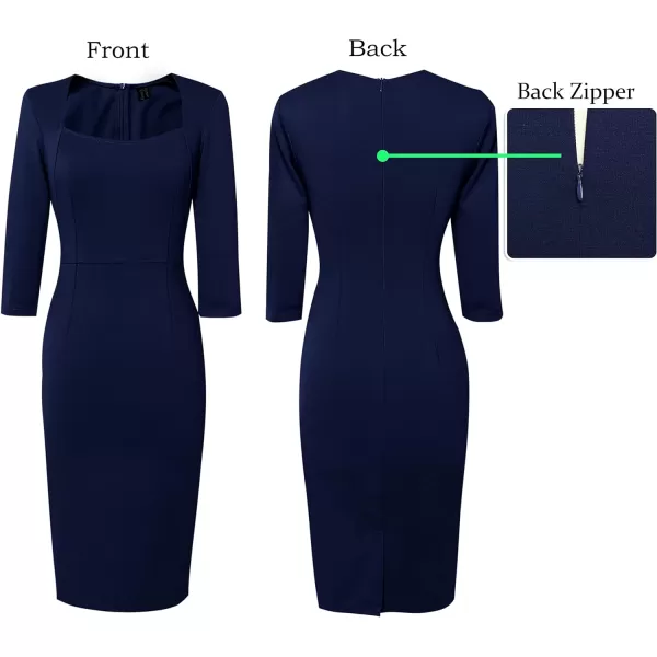 VFSHOW Womens Square Neck Work Business Cocktail Party Bodycon Sheath DressNavy Blue34 Sleeves