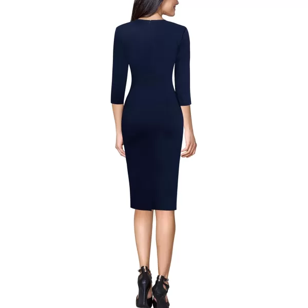 VFSHOW Womens Square Neck Work Business Cocktail Party Bodycon Sheath DressNavy Blue34 Sleeves