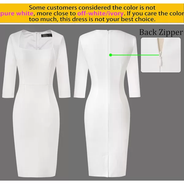 VFSHOW Womens Square Neck Work Business Cocktail Party Bodycon Sheath DressOff White 34 Sleeve