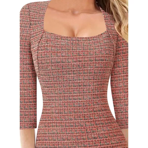 VFSHOW Womens Square Neck Work Business Cocktail Party Bodycon Sheath DressRed Tweed