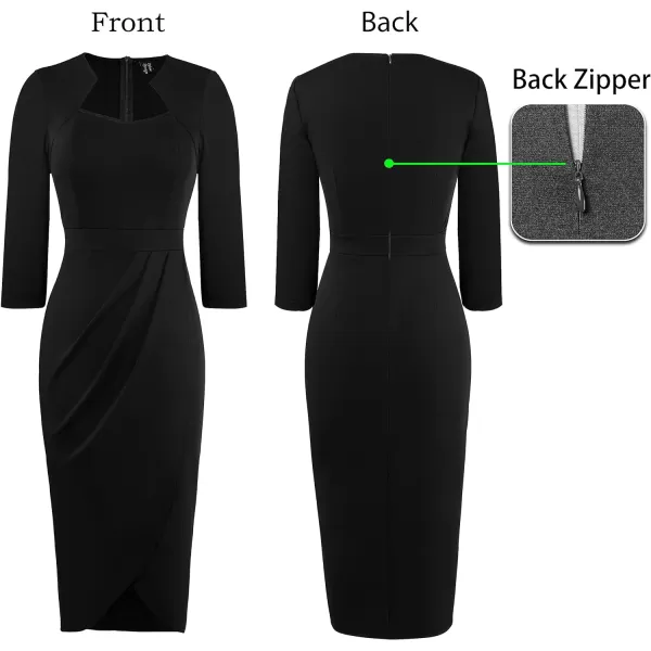 VFSHOW Womens Square Neck Work Ruched Front Slit Business Office Party Dress Church Bodycon Sheath Midi Pencil DressBlack  34 Sleeve