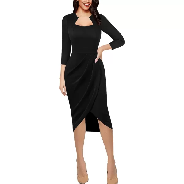 VFSHOW Womens Square Neck Work Ruched Front Slit Business Office Party Dress Church Bodycon Sheath Midi Pencil DressBlack  34 Sleeve