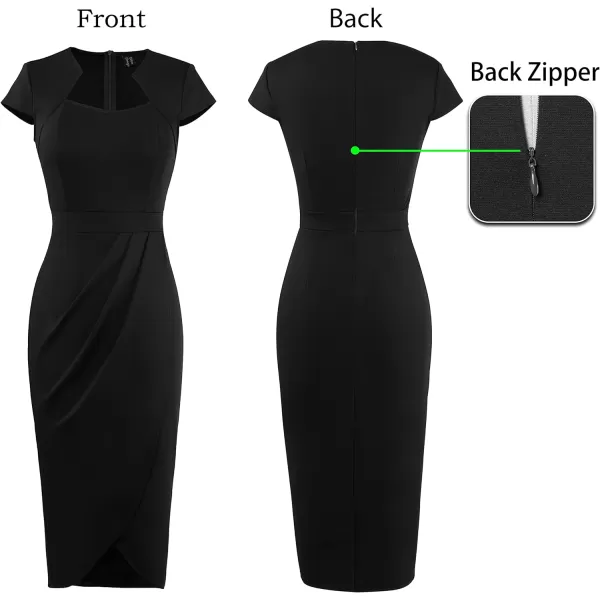 VFSHOW Womens Square Neck Work Ruched Front Slit Business Office Party Dress Church Bodycon Sheath Midi Pencil DressBlack