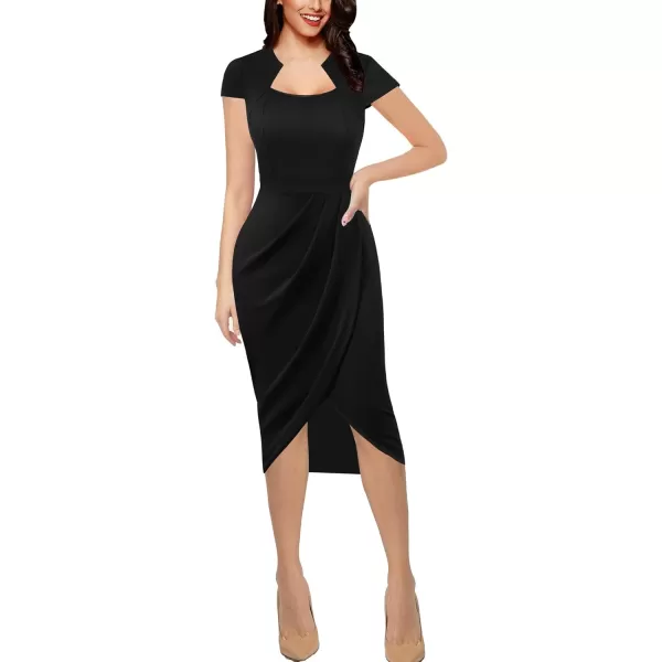 VFSHOW Womens Square Neck Work Ruched Front Slit Business Office Party Dress Church Bodycon Sheath Midi Pencil DressBlack